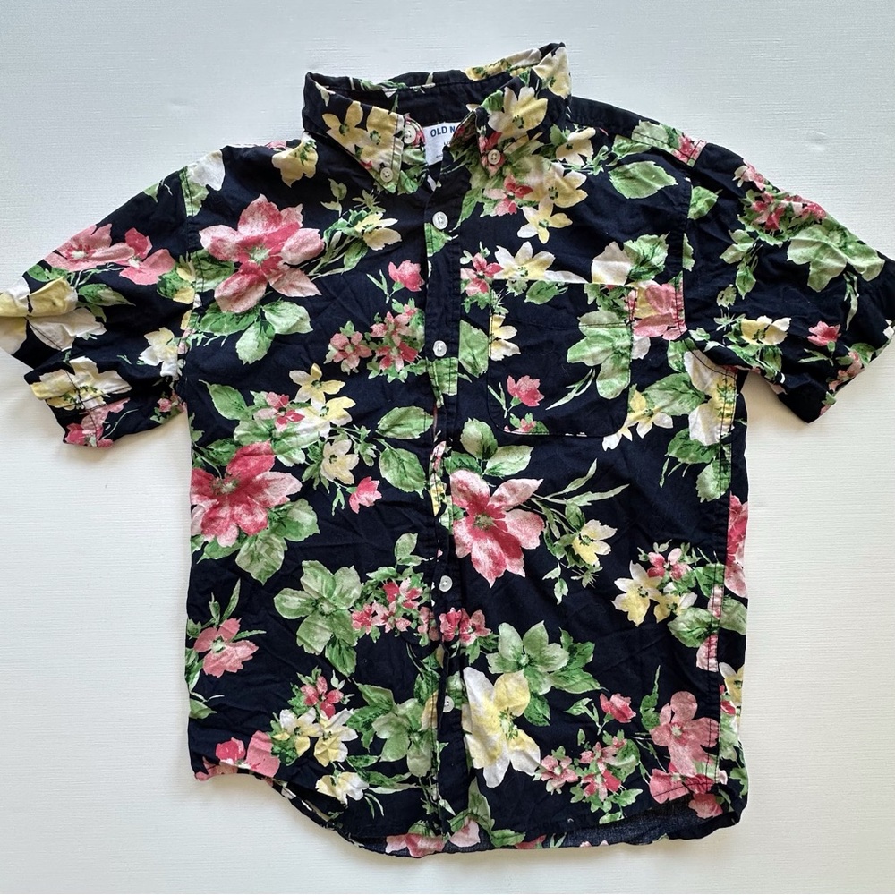 Old Navy navy & colorful floral short sleeve button up shirt boys L 10-12‎
